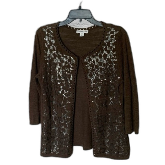 Coldwater Creek Brown Mocha 3/4 Sleeve Cardigan with Sequins Size Medium 10/12 - Picture 1 of 8